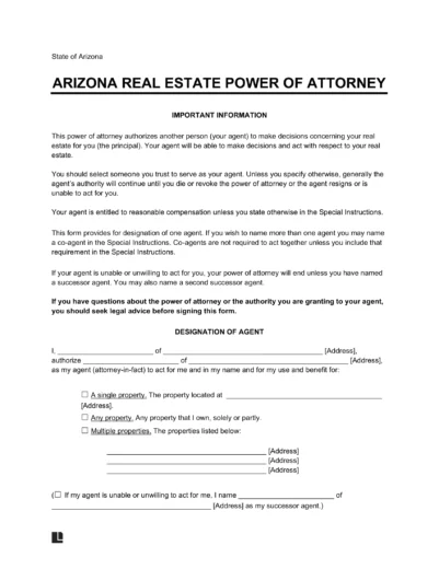 Arizona Real Estate Power of Attorney Form