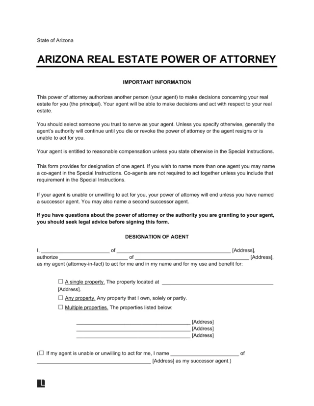 Arizona Real Estate Power of Attorney Form