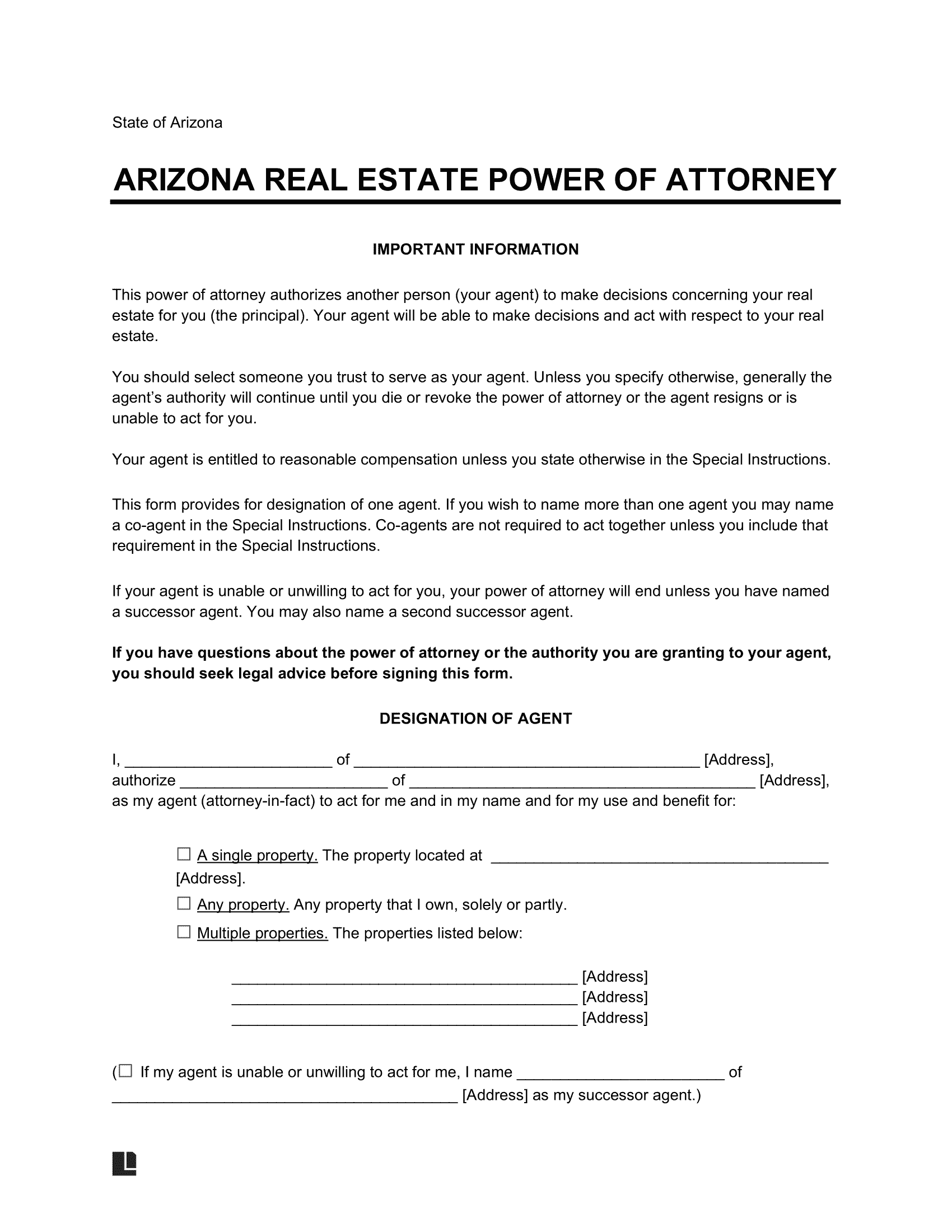 Arizona Real Estate Power of Attorney Form