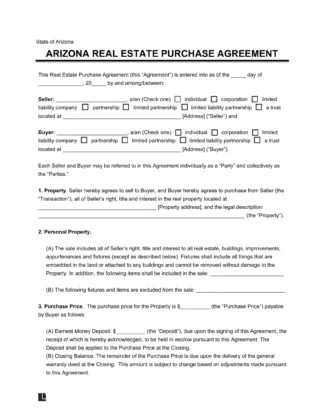 Arizona Residential Purchase Agreement Template