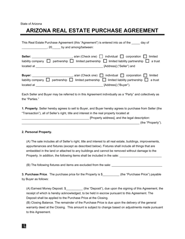 Arizona Residential Purchase Agreement Template