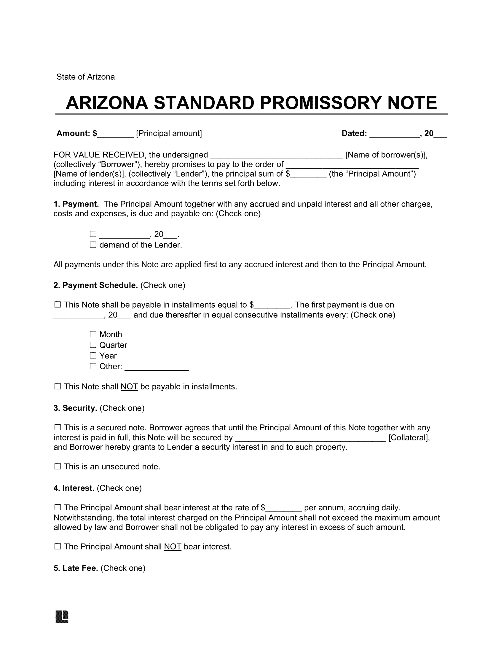 Arizona Standard Promissory Note Template