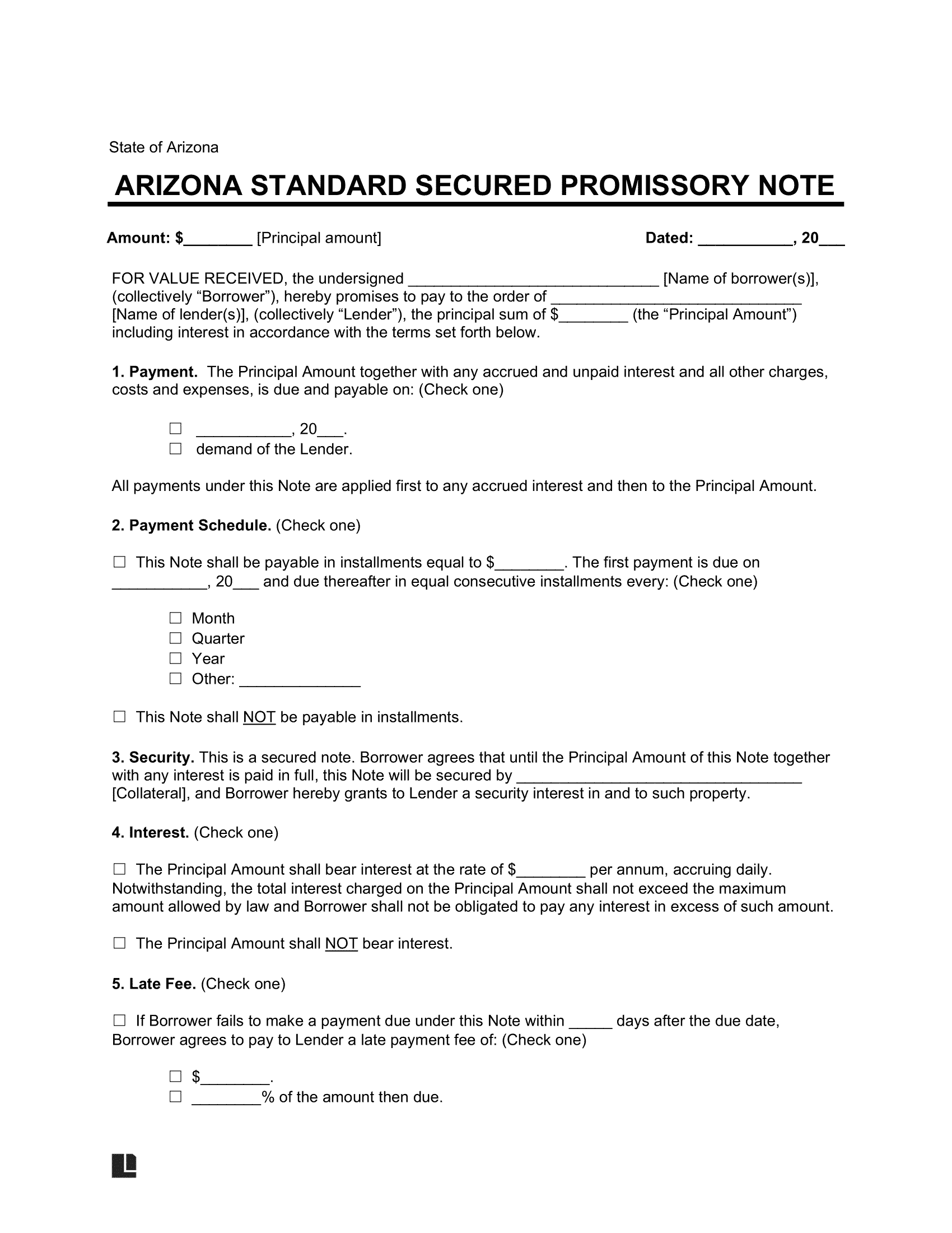 Arizona Standard Secured Promissory Note Template