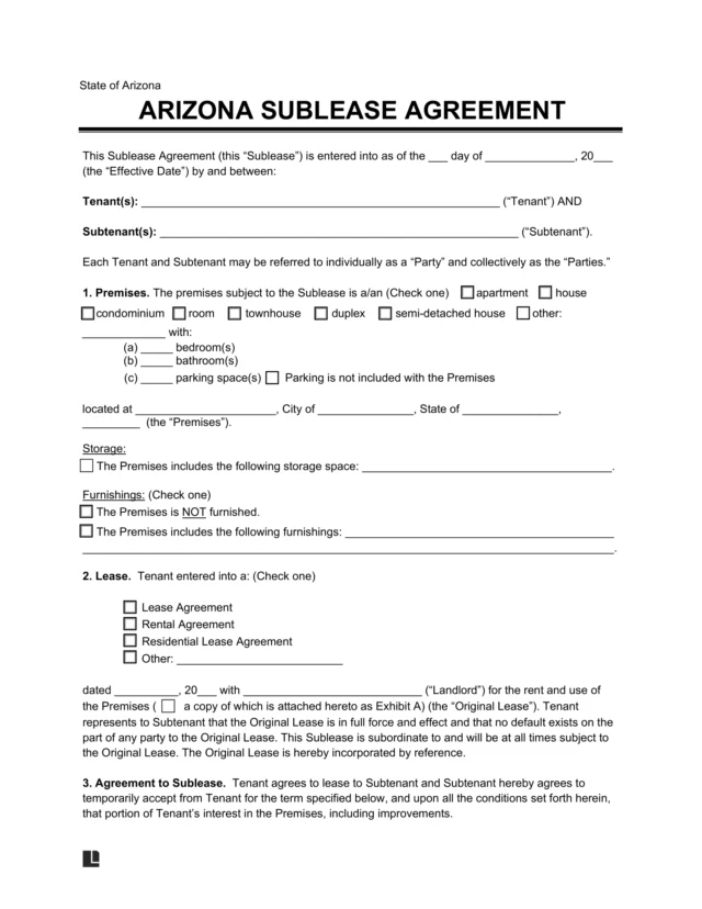 Arizona Sublease Agreement Template
