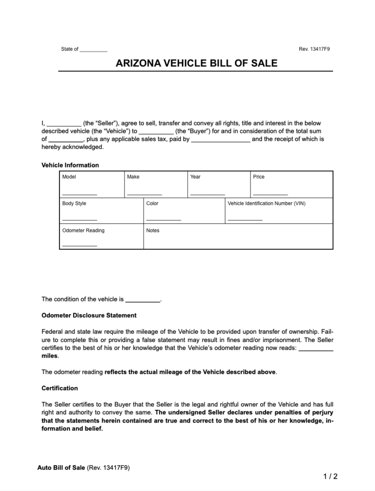 Free Arizona Vehicle Bill of Sale Form [PDF & Word]