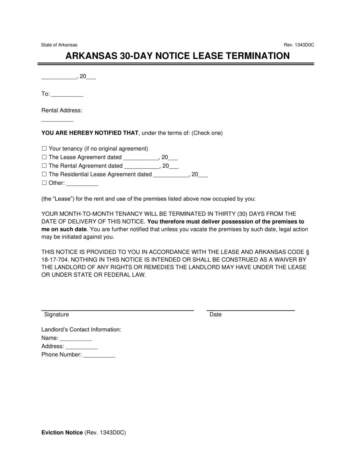 Free Arkansas 30-Day Notice to Vacate | Lease Termination Letter | PDF ...