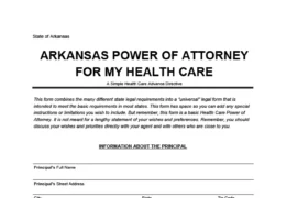 Arkansas Power of Attorney for Healthcare form that includes sections for entering the principal’s details—such as full name, address, phone number, birth date, and email—and the healthcare agent’s information, including name, address, phone, and email.