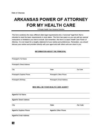 Arkansas Power of Attorney for Healthcare form that includes sections for entering the principal’s details—such as full name, address, phone number, birth date, and email—and the healthcare agent’s information, including name, address, phone, and email.