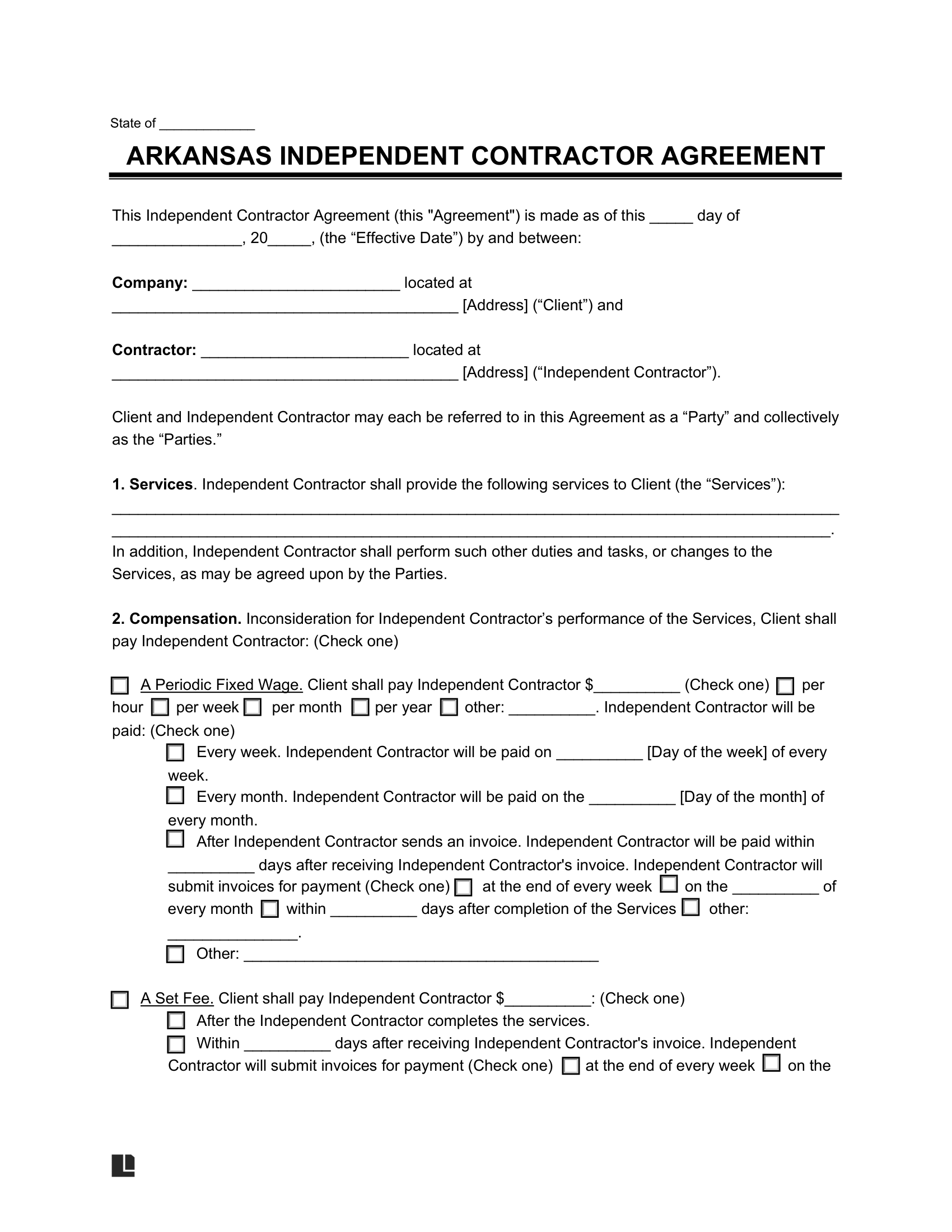 Arkansas Independent Contractor Agreement screenshot