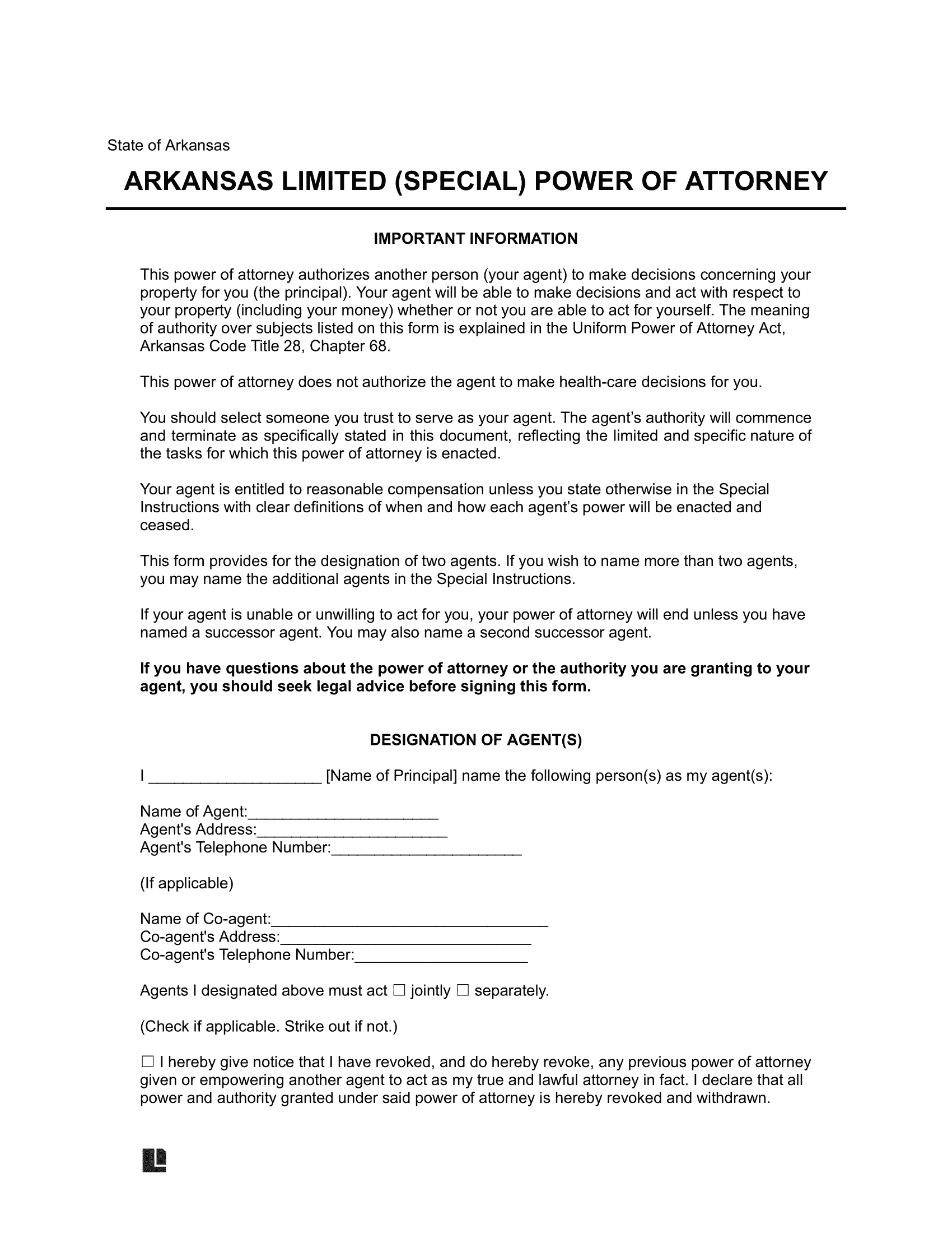 Arkansas Limited Power of Attorney Form