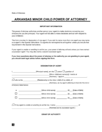 Arkansas Minor Child Power of Attorney Form