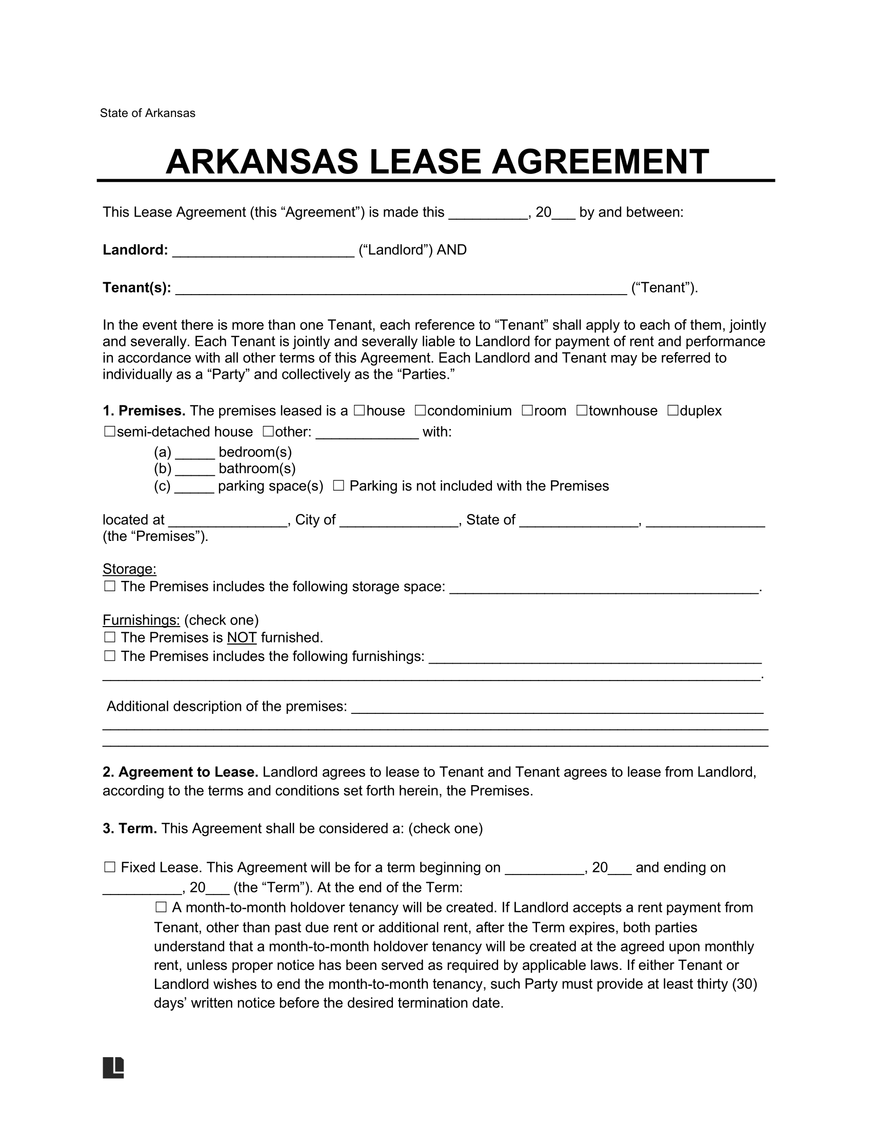 Arkansas Residential Lease Agreement Template