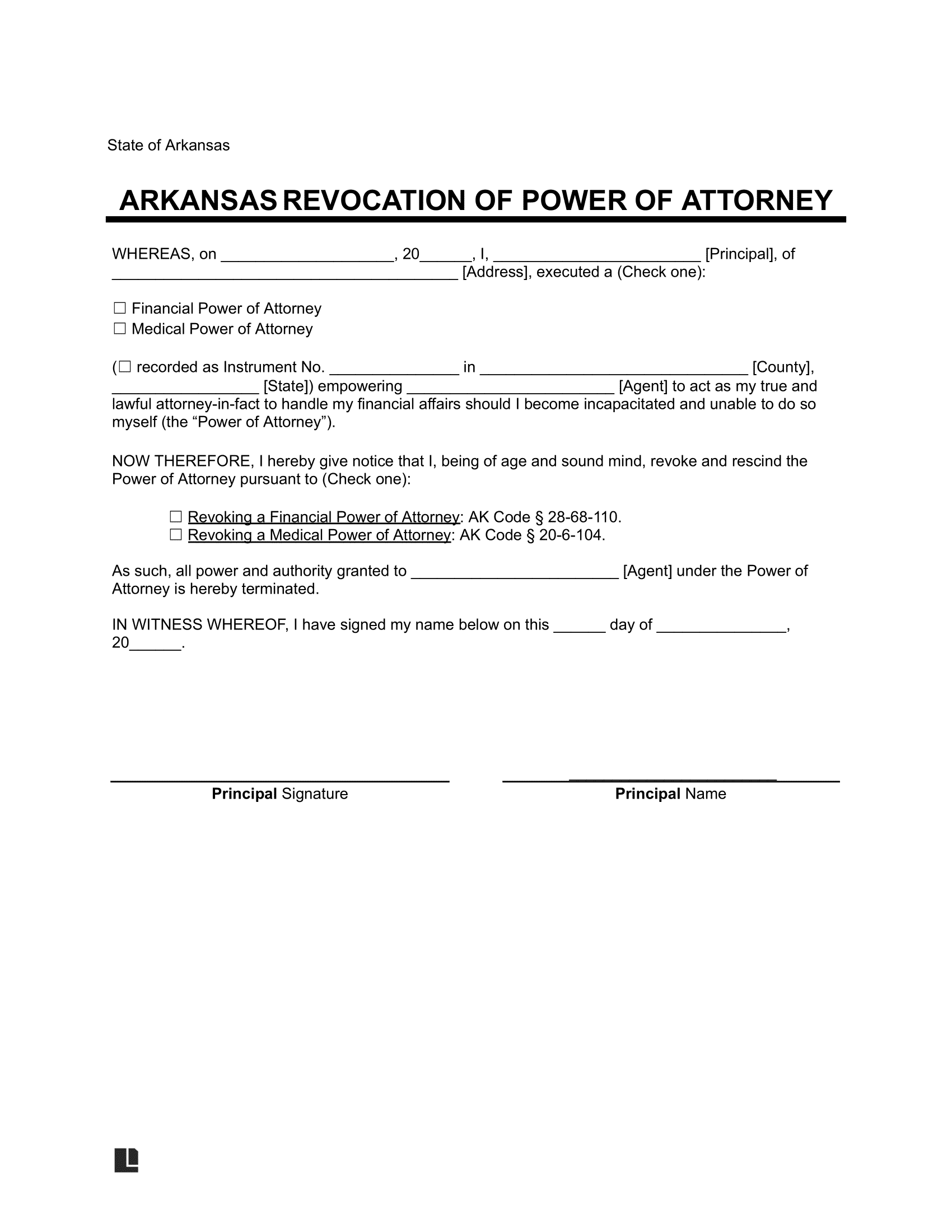 Arkansas Revocation Power of Attorney Form