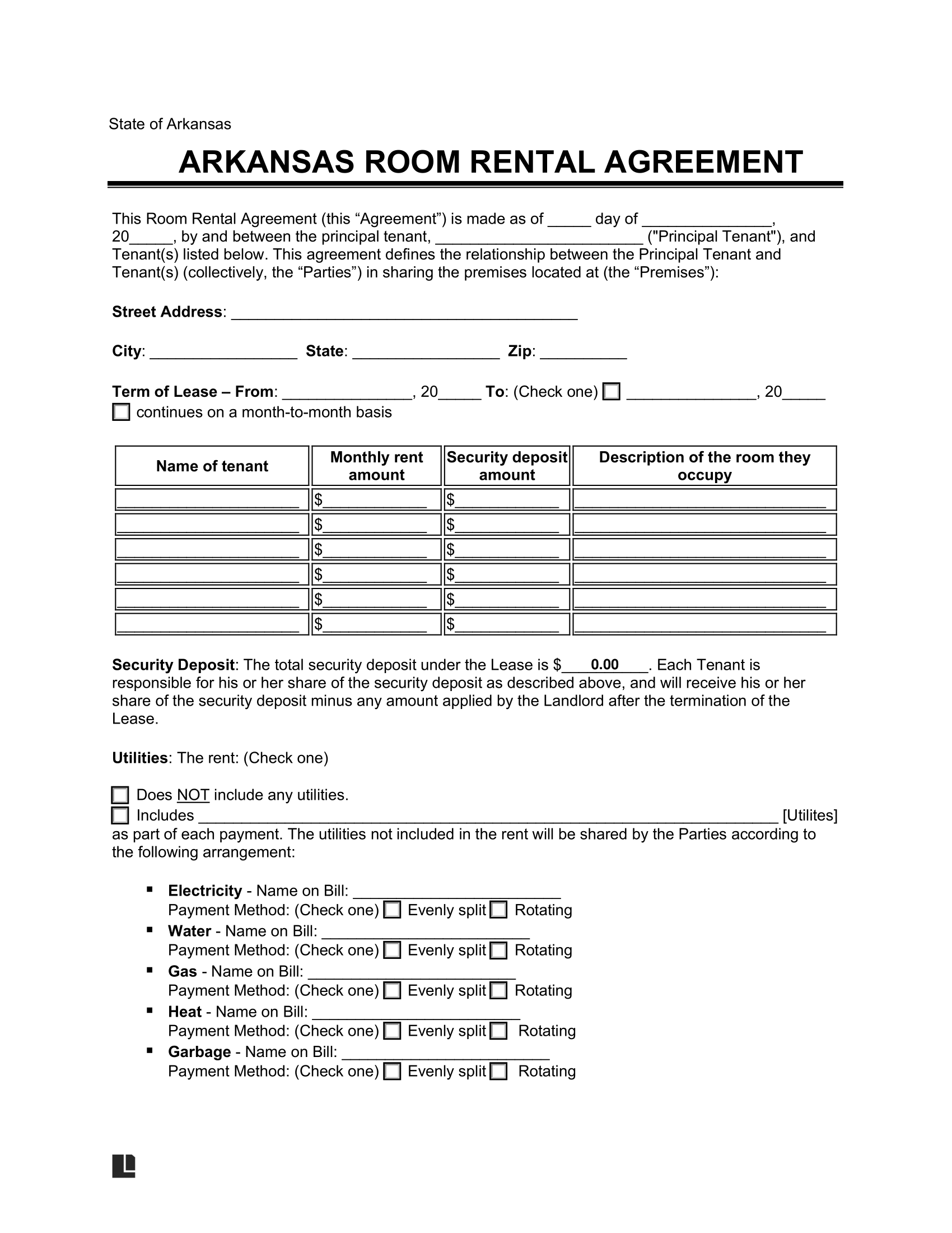 Arkansas Room Rental Agreement