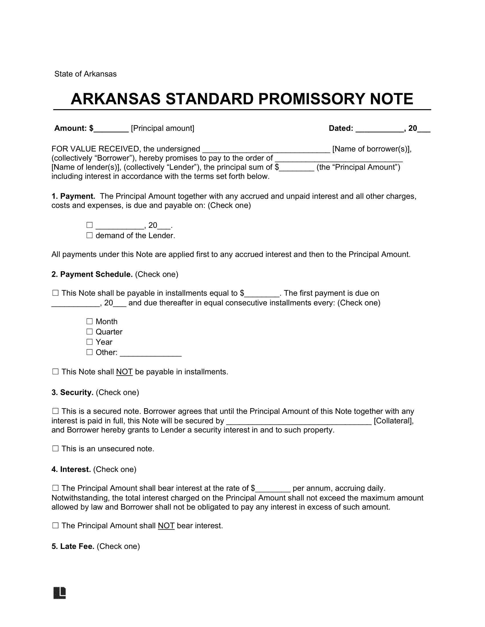 Arkansas Standard Promissory Note Template