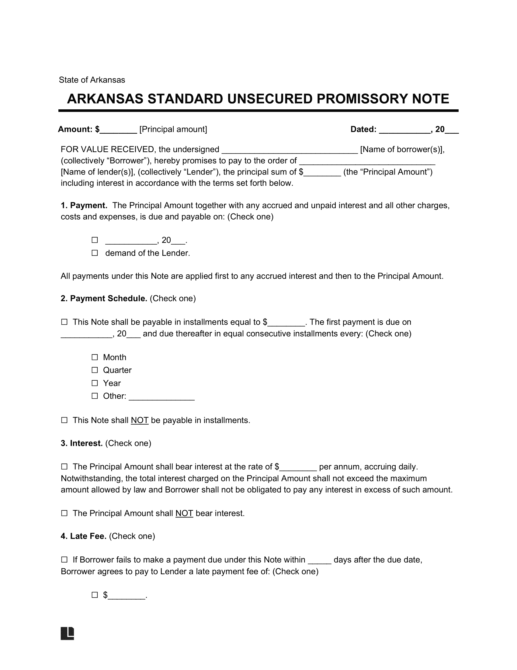 Arkansas Standard Unsecured Promissory Note Template