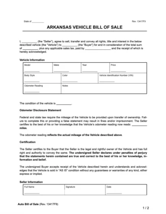 Arkansas Vehicle Bill of Sale