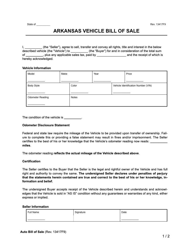 Free Arkansas Vehicle Bill Of Sale Form PDF Word 