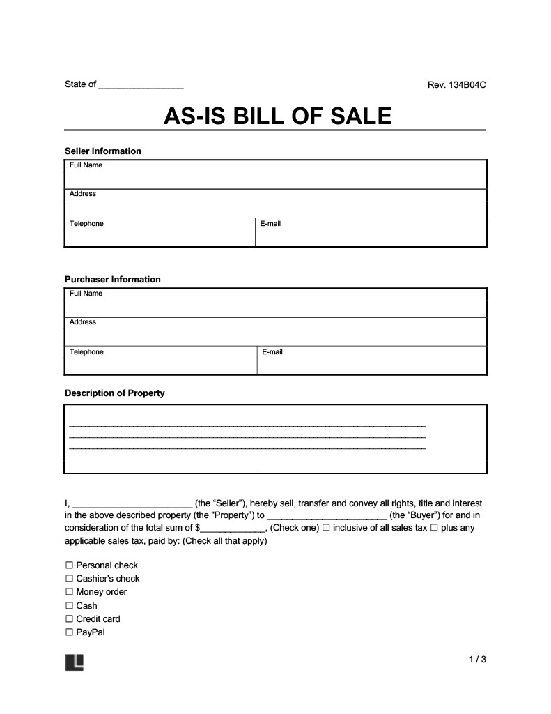 As-is bill of sale screenshot