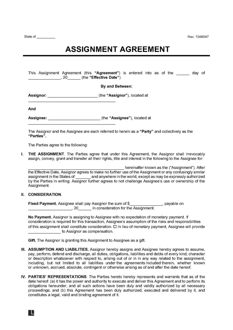 assignment agreement template word