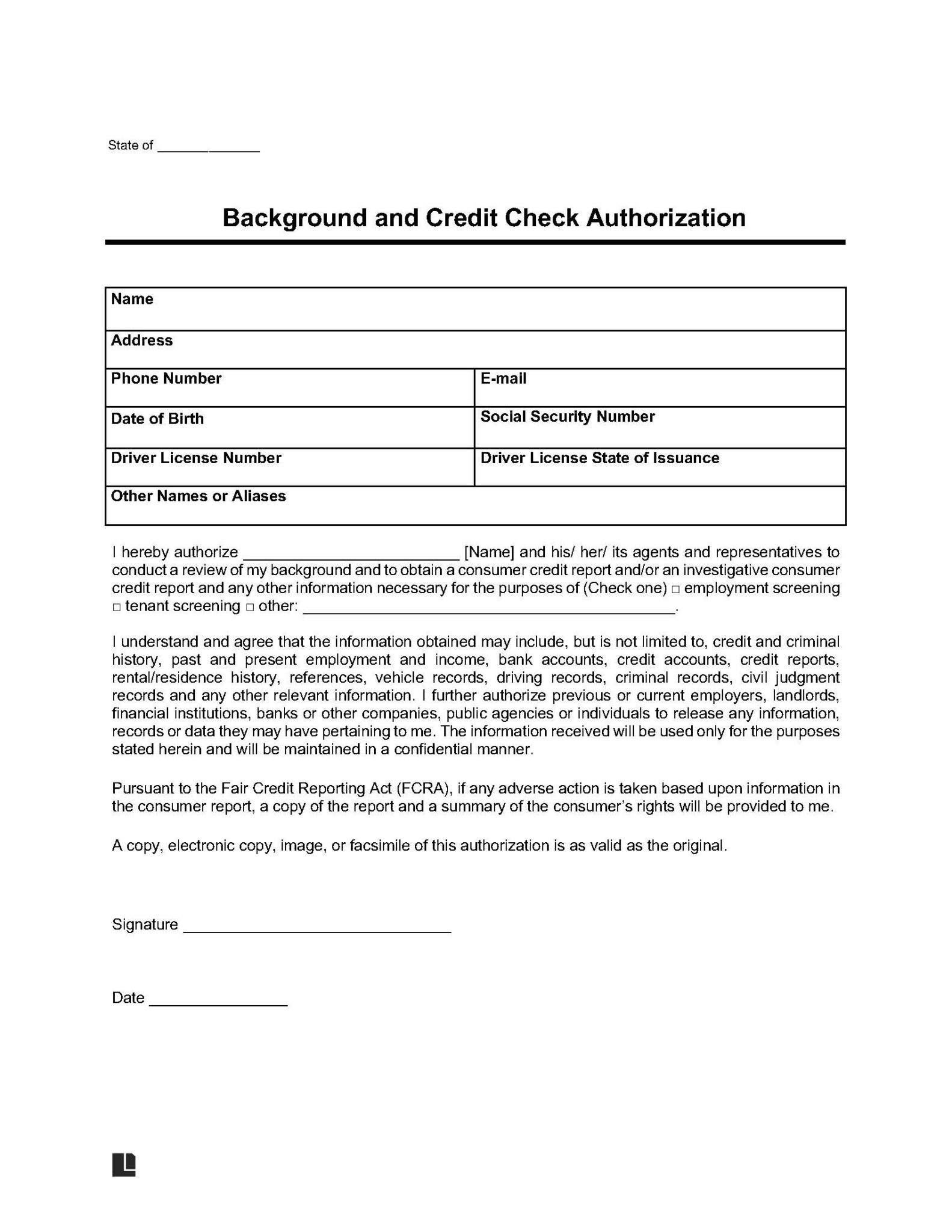 Background Check Authorization Form Legal Templates