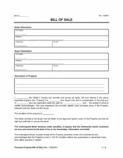 Bill of Sale Template Example 2022