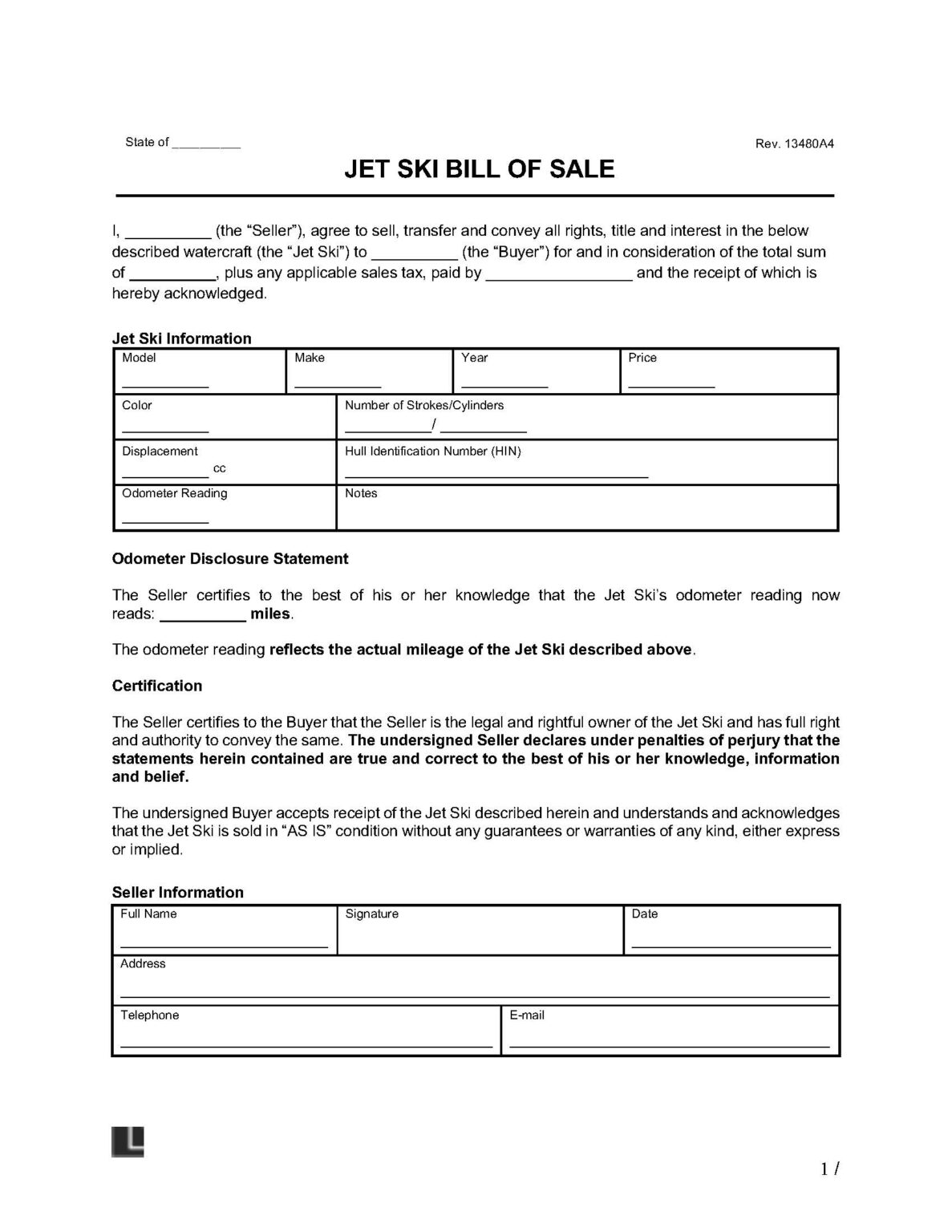 Free Jet Ski Bill of Sale Form PDF Word