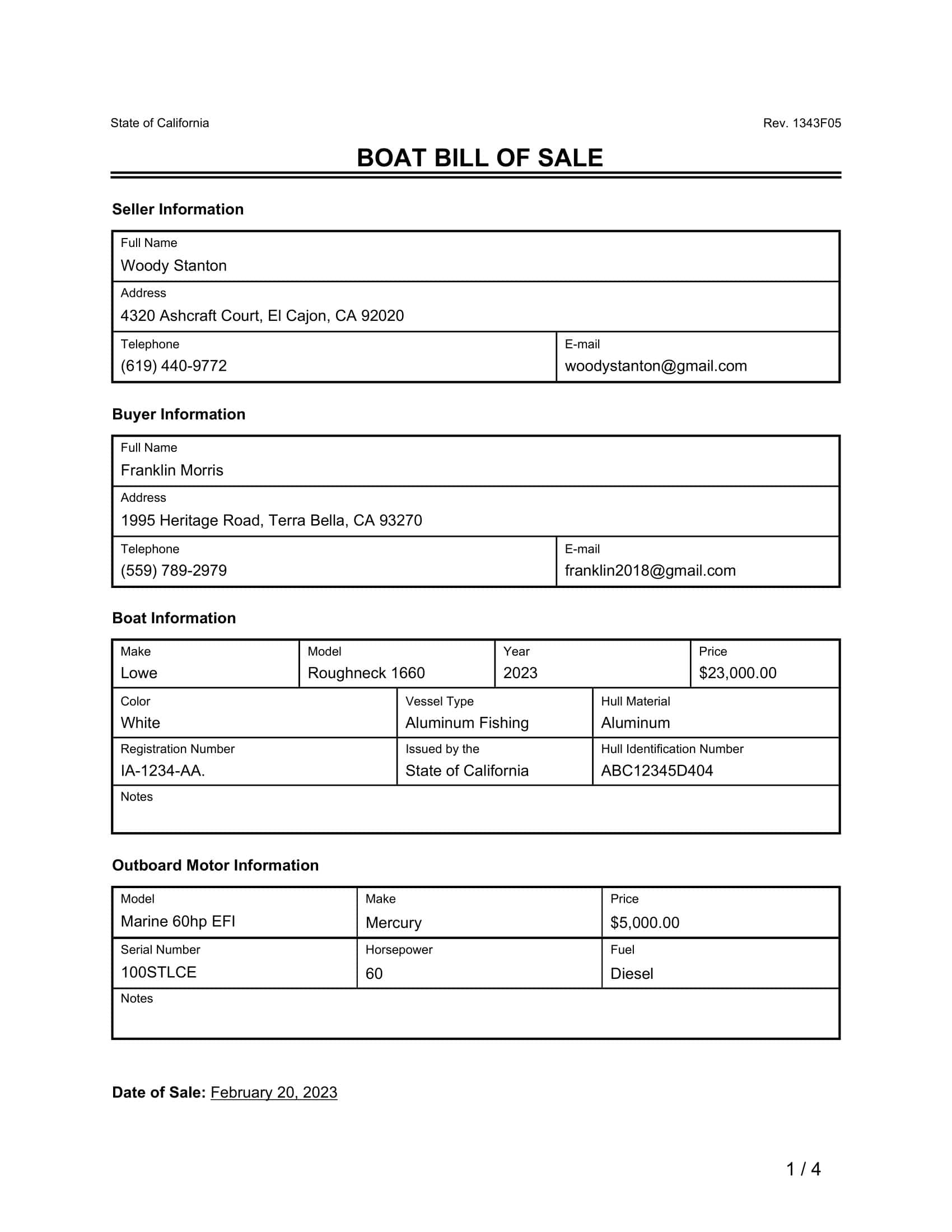 Boat bill of sale example