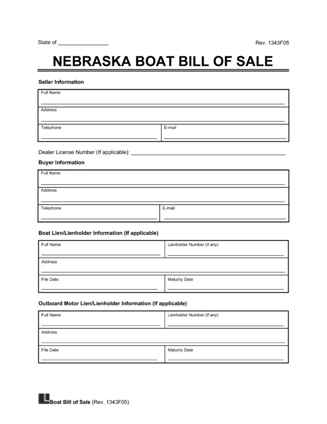 Nebraska Boat Bill of Sale Template