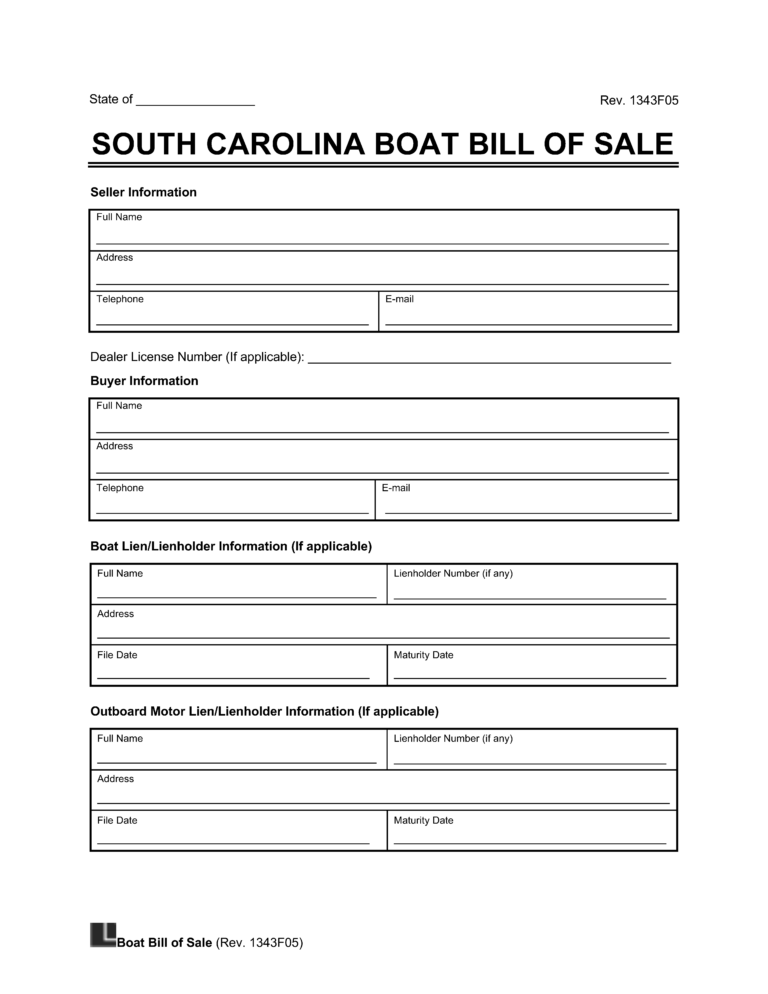 Free South Carolina Boat Bill Of Sale Template Pdf Word