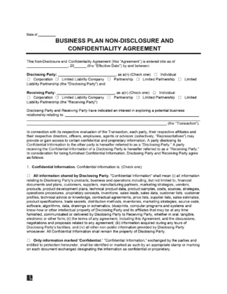 Business Plan Non-Disclosure Agreement