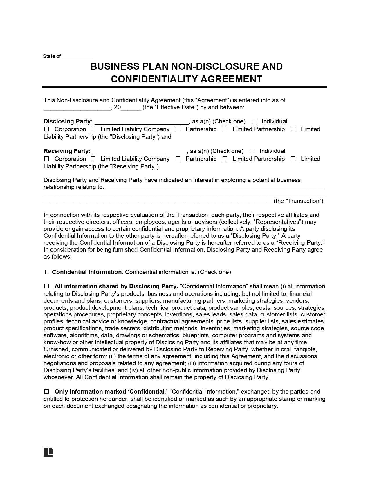Business Plan Non-Disclosure and Confidentiality Agreement