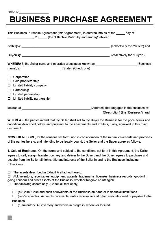 Free Texas Business Purchase Agreement Template PDF Word