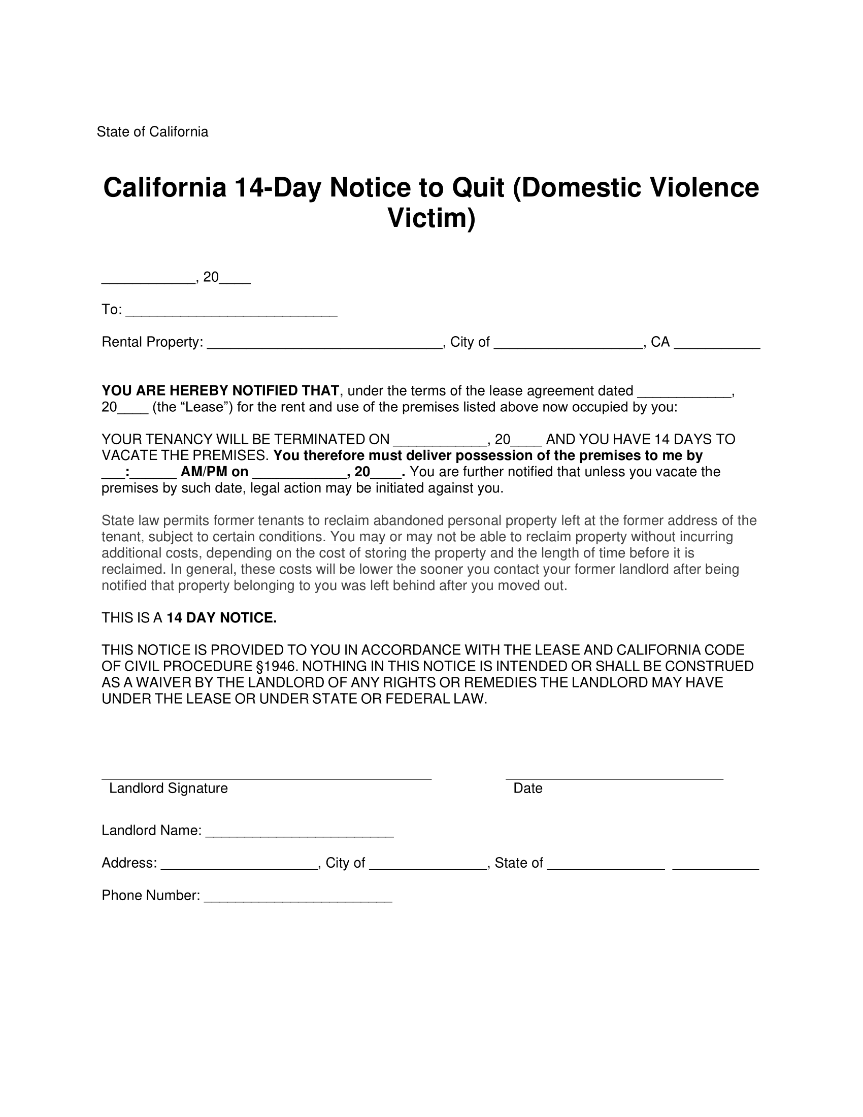California 14-Day Notice to Quit Domestic Violence Victim