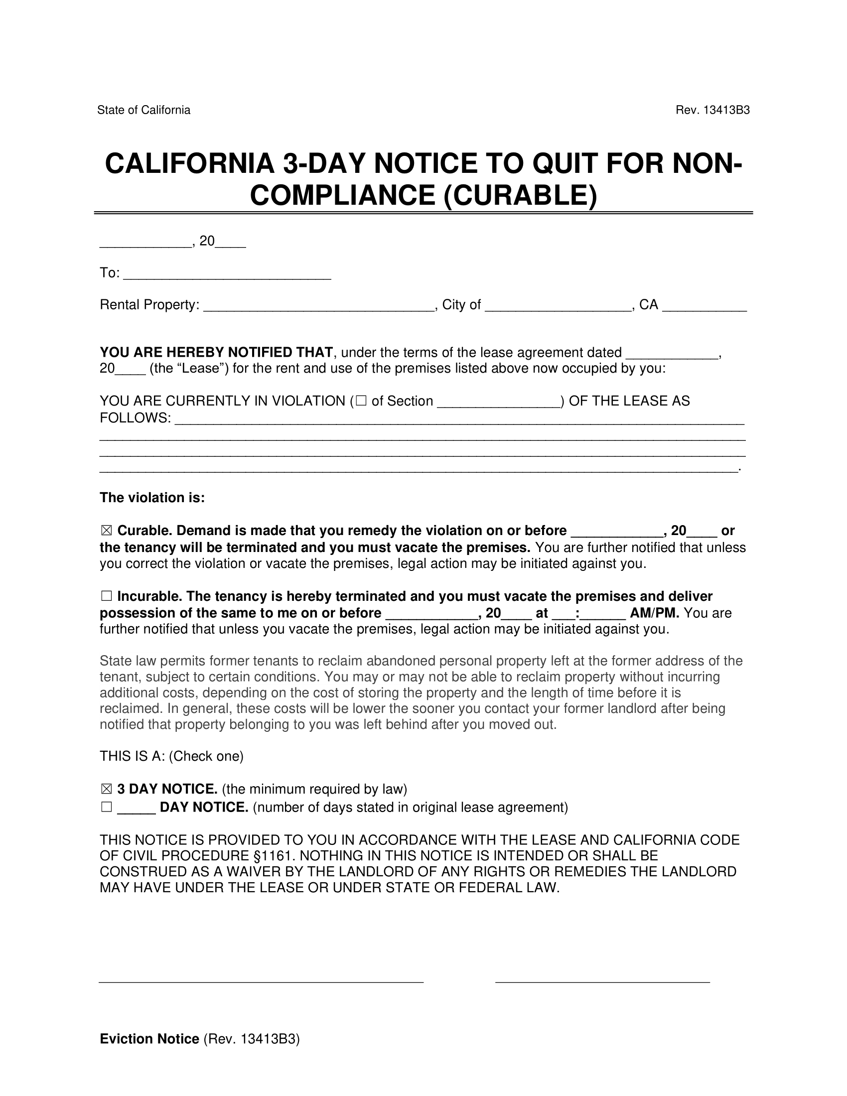 California 3-Day Notice to Quit for Curable Non-Compliance