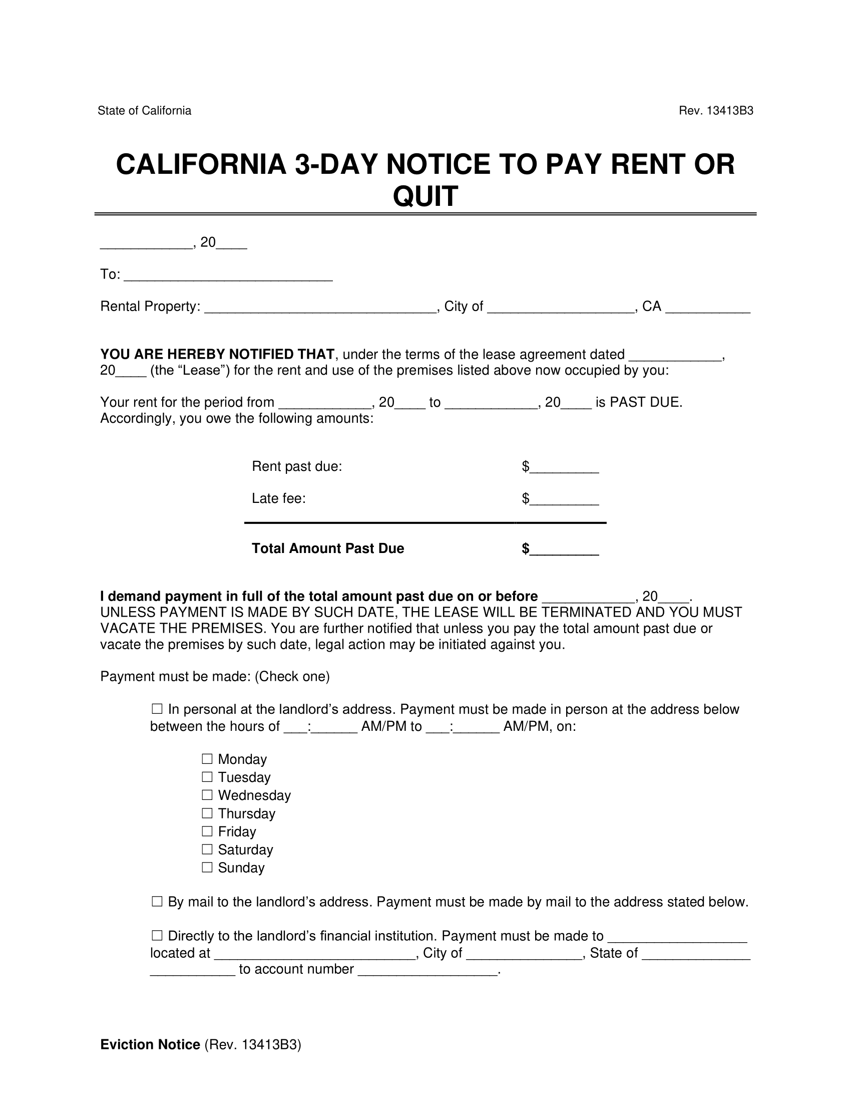 California 3-Day Notice to Quit for Non-Payment of Rent