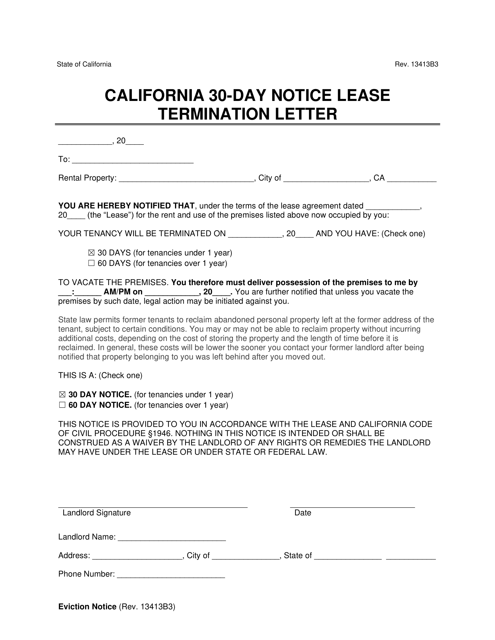 Free California 30 Day Notice To Vacate Lease Termination Letter 