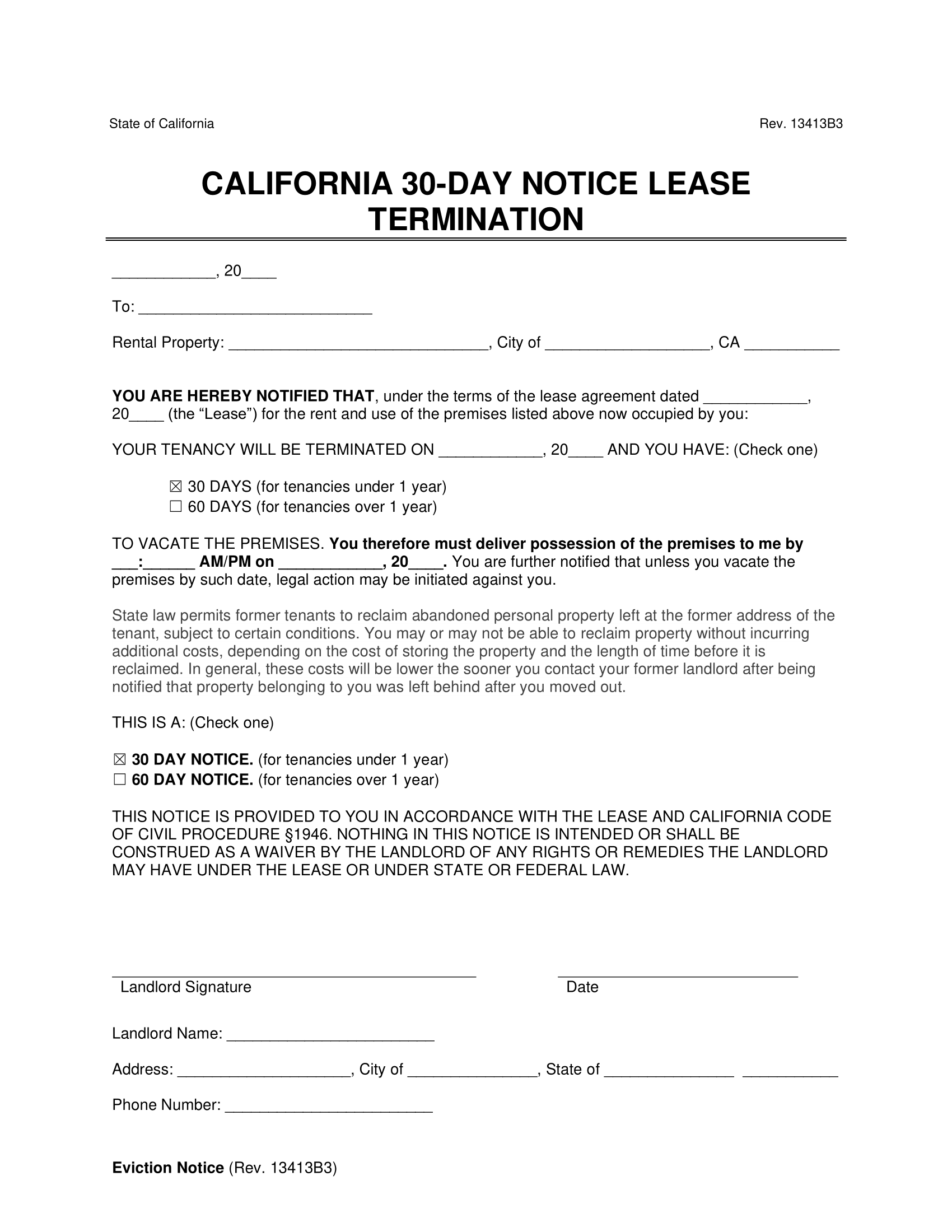 California 30-Day Notice Lease Termination