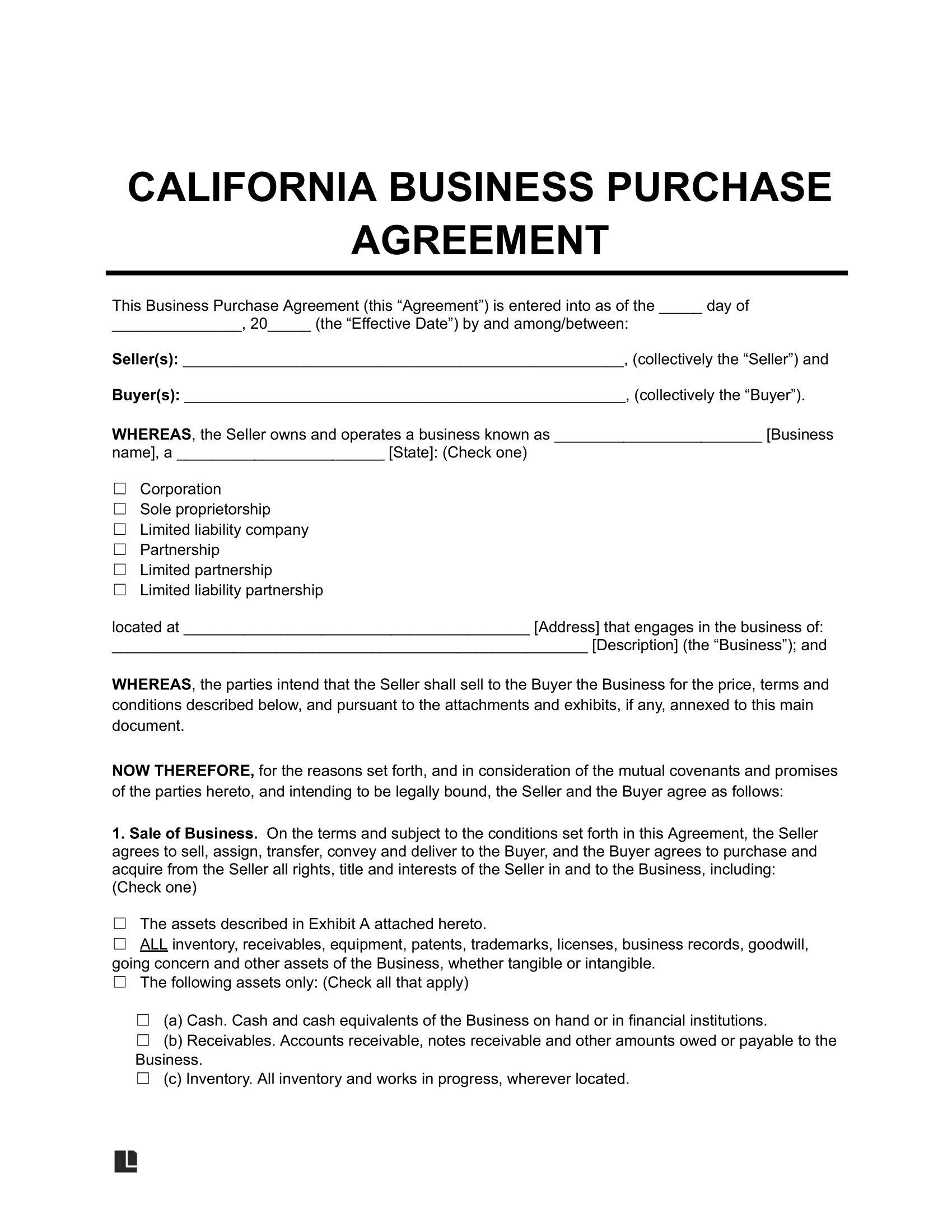 California Business Purchase Agreement Template