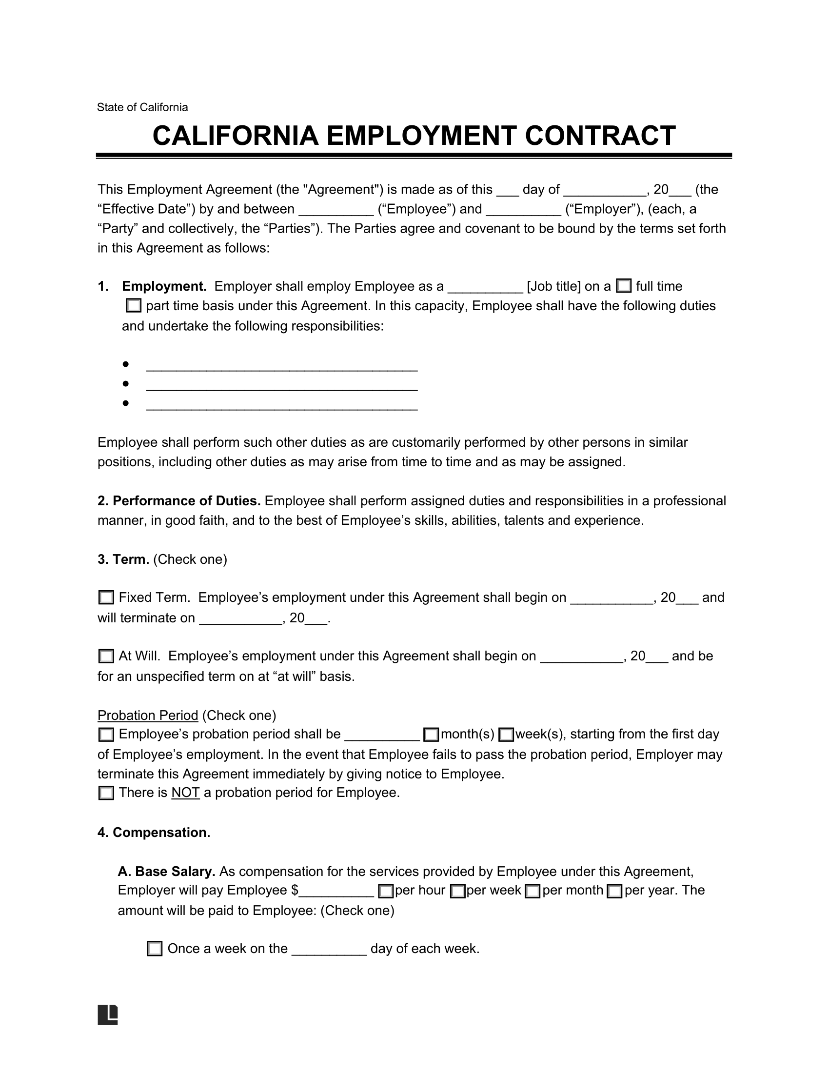 california employment contract template