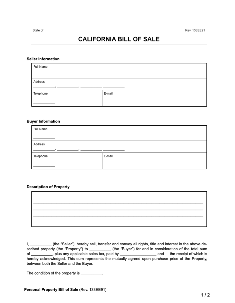 Free California Bill of Sale Forms | PDF &amp; Word