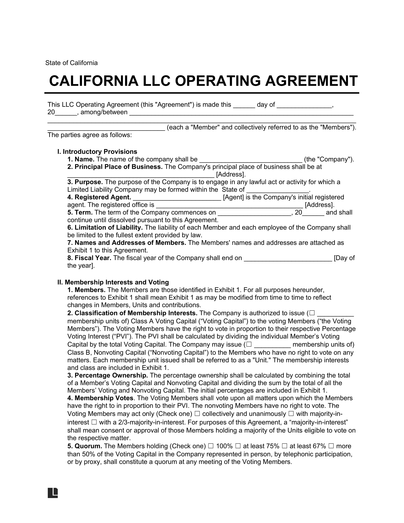 California LLC Operating Agreement Template