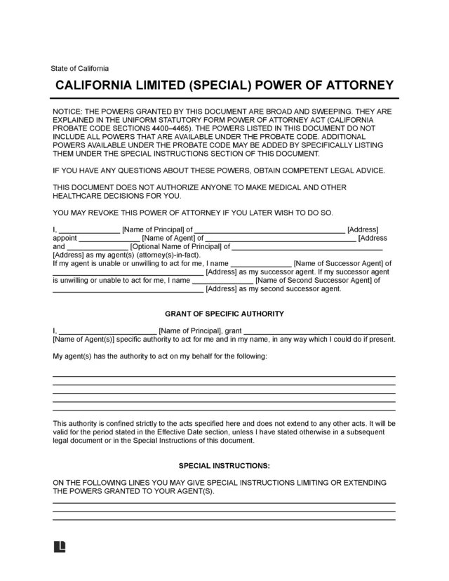 California Limited Power of Attorney Form