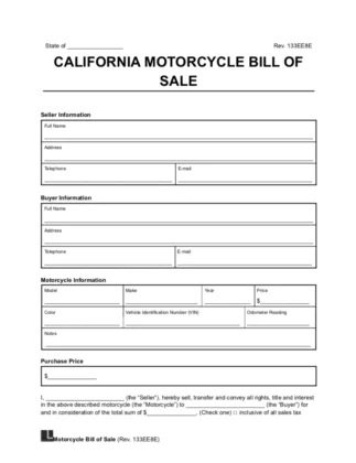 California Motorcycle Bill of Sale Template