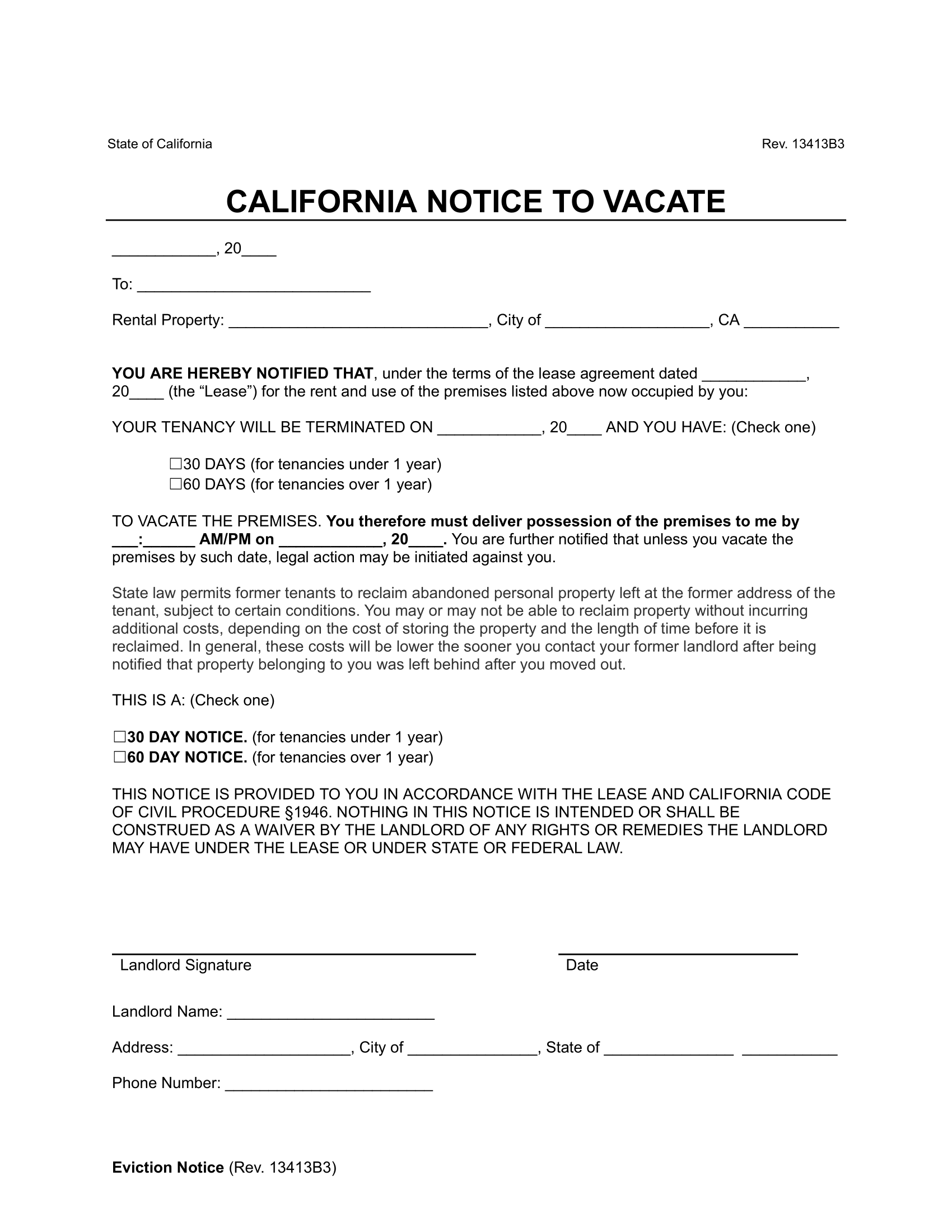 California Notice to Vacate