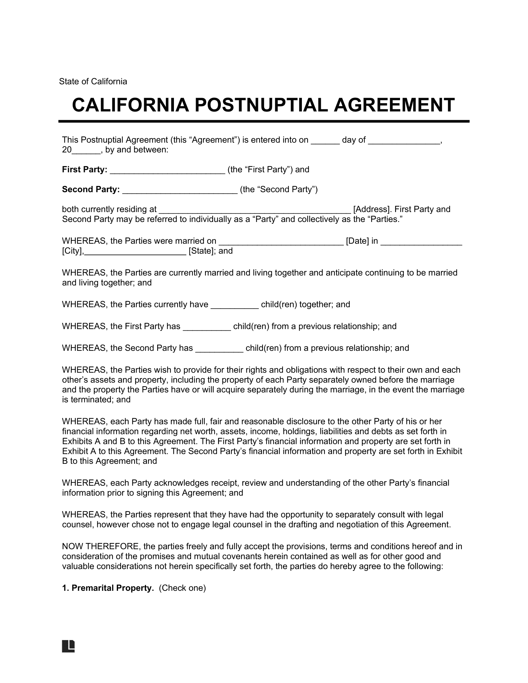 California Postnuptial Agreement Template