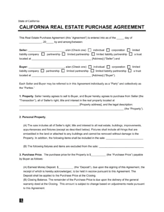 California Residential Purchase Agreement Template