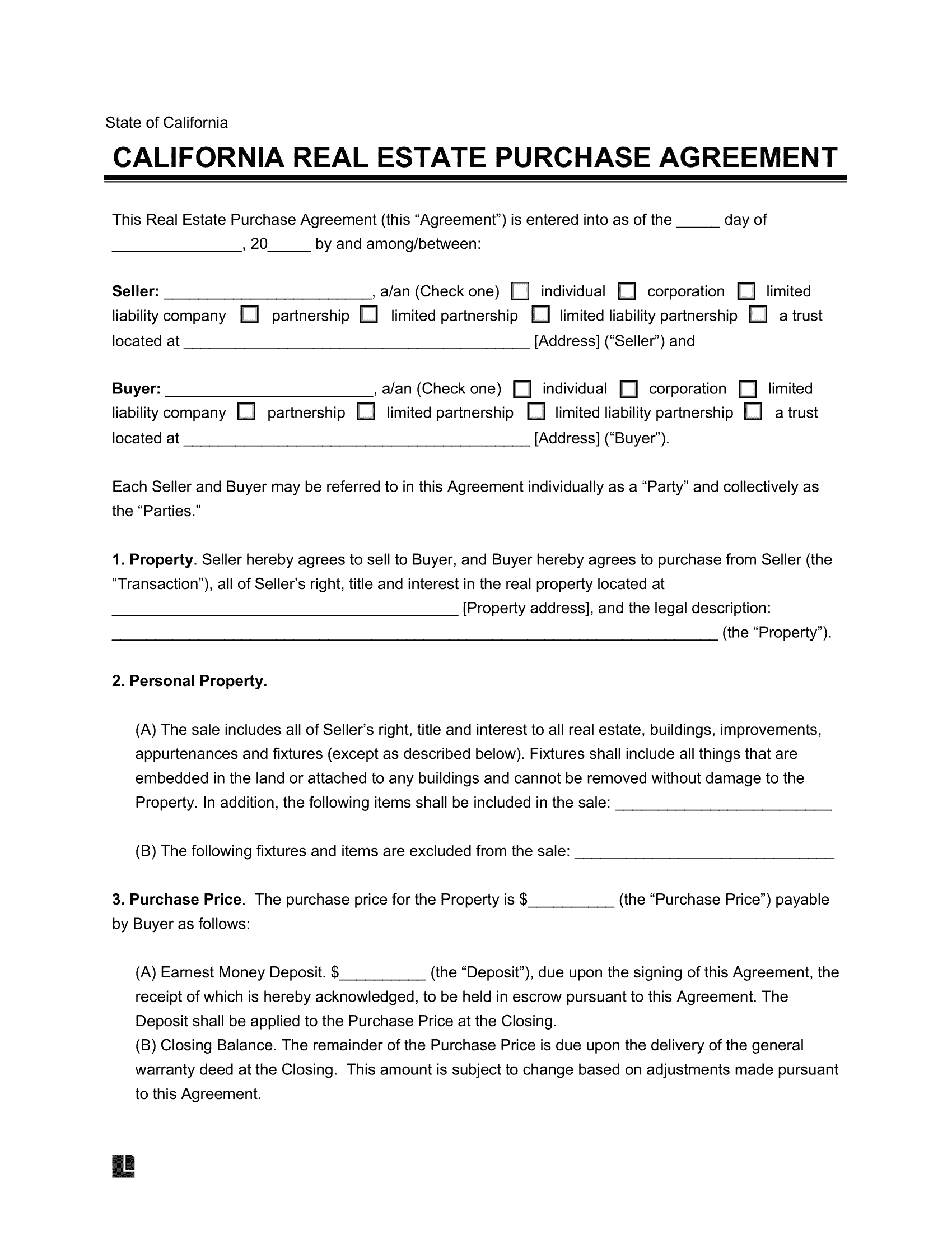 California Residential Purchase Agreement Template