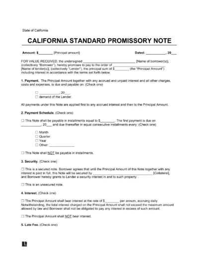 California Standard Promissory Note Template