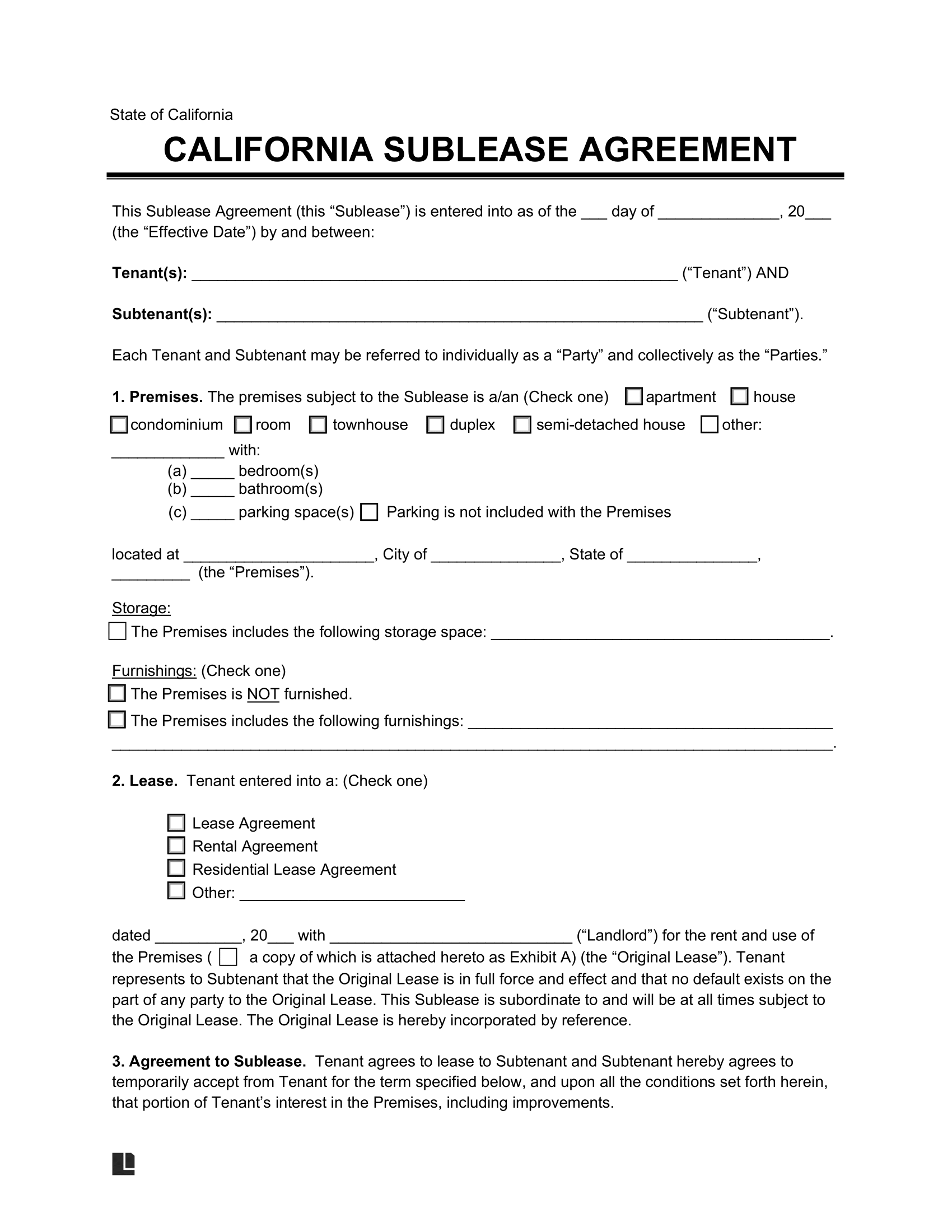 California Sublease Agreement Template
